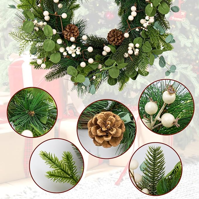 20 Inches Vintage Christmas Wreath Classic Christmas Wreaths for Front Door Rustic Holiday Winter Wreath with White Berry Pine Cones for Doors Windows Indoors Outside Hanging Decoration