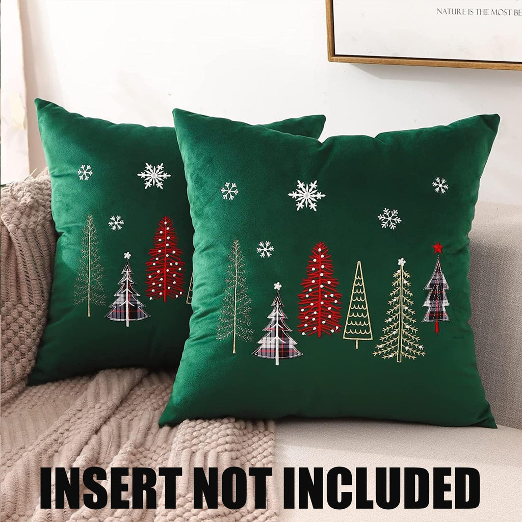 Tosleo Christmas Embroidery Throw Pillow Covers 20 x 20 inch Set of 2 Christmas Decor Velvet Pillowcases Forest Green Xmas Trees Cushion Pillow Cases Soft Square Holiday Pillowcase