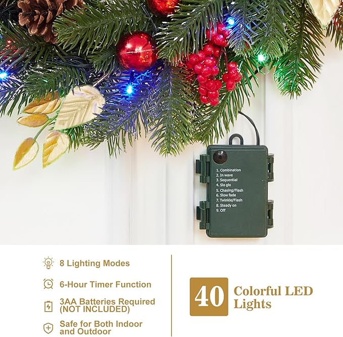 18 Inch Christmas Wreaths for Front Door, Lighted Outdoor Christmas Wreath with 40 LED Lights Timer Pine Cones for Window Fireplace Winter Xmas Decorations, Battery Operated