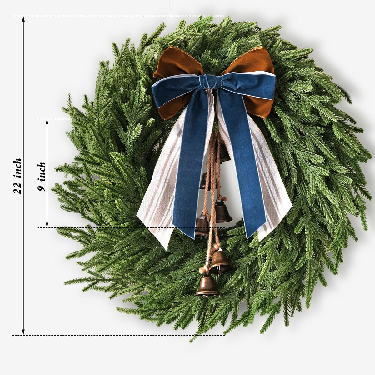 Christmas Decorations - 22 Inch Norfolk Pine Christmas Wreath with Bells and Ribbon - Artificial Pine Greenery Winter Wreath for Home Table Wall Window Porch Door Indoor Outdoor Decor