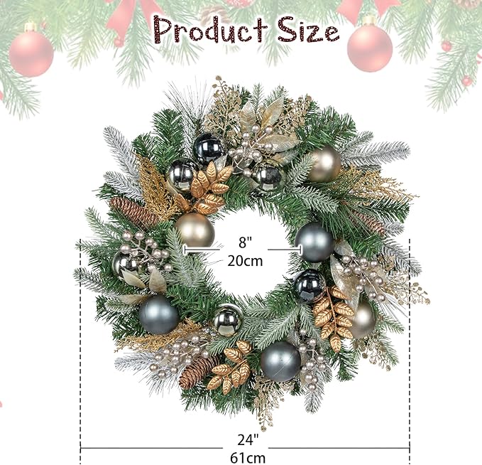 24 inch Christmas Door Wreath, Norfolk Pine Wreaths for Front Door with Silver Ball Glittered Leaf Spray Stems Pinecones Berries for Fireplace Xmas Decorations, Wall Window Indoor Outdoor Decor