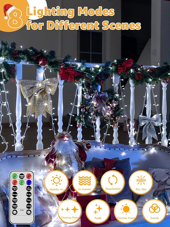 Christmas Lights 600LED 98FT, Waterproof Outdoor String Lights with Remote and Timer, 8 Modes Dimmable Fairy Lights for Indoor Outdoor Wedding Party Holiday Decorations (Cool White)