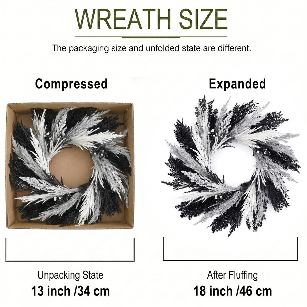 DecorbyHannah Halloween Wreath for Front Door, 18 Inch Pre-Lit Faux Black Pampas Grass Gothic Spooky Wreath with Lights and Timer, Fall Door Decor for Fireplace Mantle Porch Wall Home Indoor Outdoor