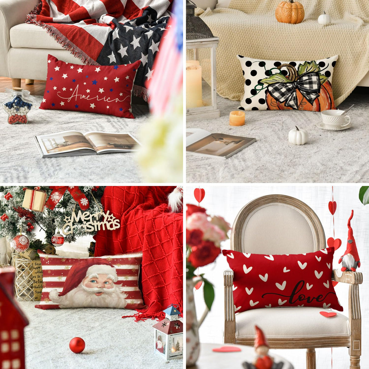AVOIN colorlife Set of 12 Seasonal Holiday 4th of July Throw Pillow Covers, 12 x 20 Inch Star Memorial Day Poppy Flowers Chinoiserie Spring Summer Fall Winter Christmas Cushion Case Decoration