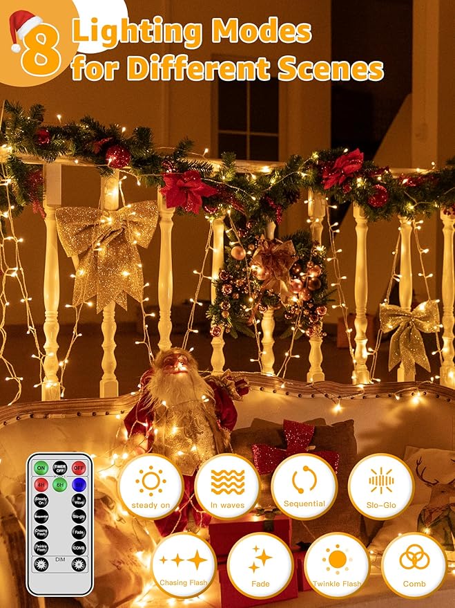Christmas String Lights 1200LED 196FT, 8 Modes Dimmable Fairy Lights with Remote and Timer, Waterproof Christmas Lights for Festive Decoration Indoor Wedding Party Holiday (Warm White)