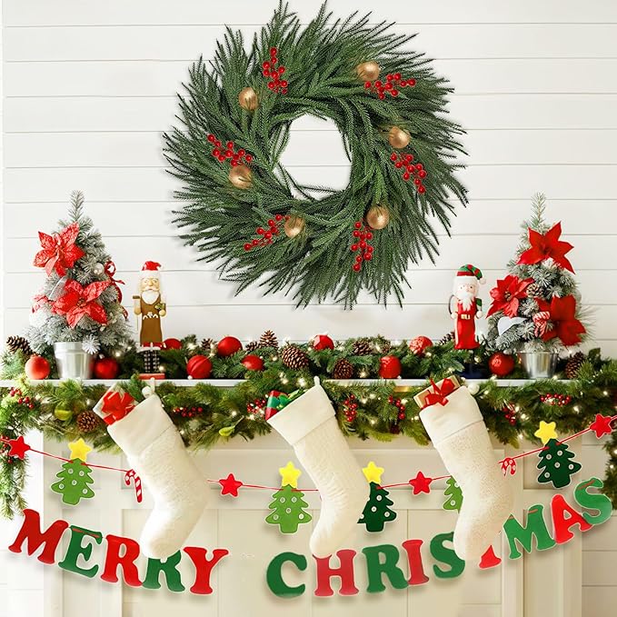 26 inch Norfolk Pine Wreath,Christmas Wreaths for Front Door,Artificial Real Touch Wreath for Door Wall Windows Mantle Outdoor Christmas Decoration