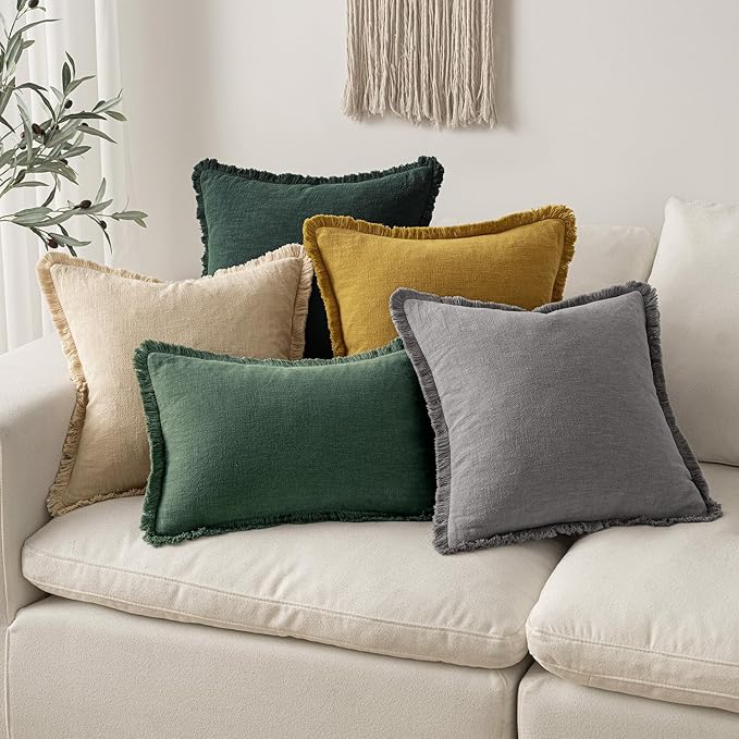 MIULEE Christmas Decorative Throw Pillow Covers Neutral Linen Fringe Throw Pillows Euro Shams Set of 2 Army Green Boho Farmhouse Cushion Covers for Couch Sofa Bed Living Room Home Decor 22x22 Inch