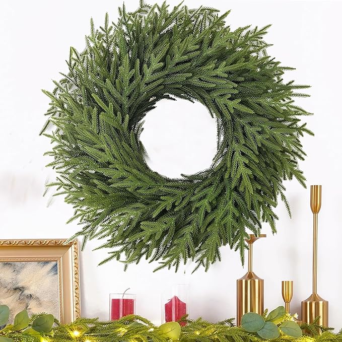 Christmas Wreaths 26" Norfolk Pine Wreath for Front Door, Artificial Christmas Wreaths Faux Green Fake Pine Needles Wreath for Front Door Wall Windows Indoor Outdoor Christmas Decor