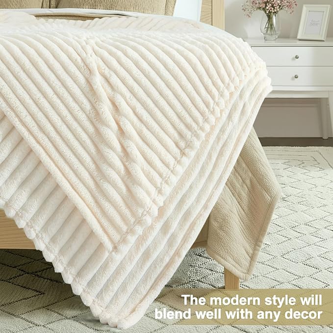 decorUhome Christmas Soft Fleece Cream White Throw Blanket for Couch, Cozy Fluffy Plush Flannel Striped Blanket for Sofa Bed, Lightweight Decorative Ribbed Fuzzy Blanket for Woman, 50x60 Inches