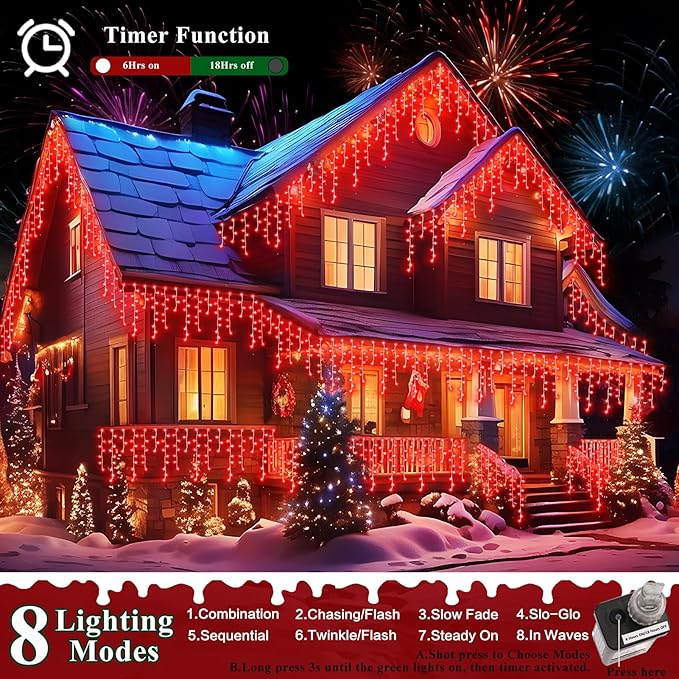 XURISEN 132ft Christmas Lights Decorations Outdoor, 1280 LED 8 Modes Fairy Lights with 240 Drops,Plug in Waterproof Timer Memory Function for Christmas Holiday Wedding Party Decor(Red)