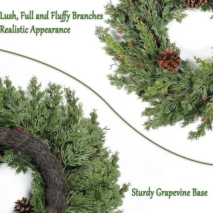 2PC Real Touch Pine Christmas Wreath 24 Inch Christmas Wreaths for Front Door Winter Wreath Artificial Green Wreaths Outdoor Christmas Decorations Indoor Outside Window Home Holiday Thanksgiving