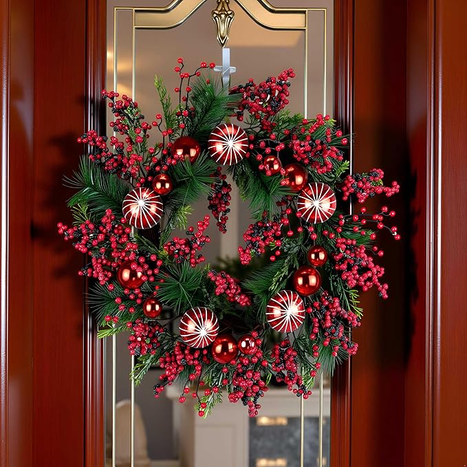 YULETIME 24" Mixed Berries Christmas Wreath - Artificial Holiday Wreath with Red & Purple Frosted Berries, Green Cypress Branches & Pine Needles