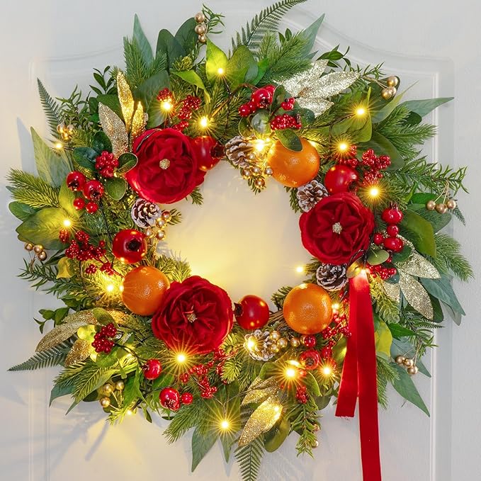 Pre-lit Christmas Wreaths for Front Door- 24 Inch Outdoor Christmas Wreath with Lights,Green Lighted Xmas Door Wreath with Pinecones,Red Flowers and Orange Berries for Holiday Decor
