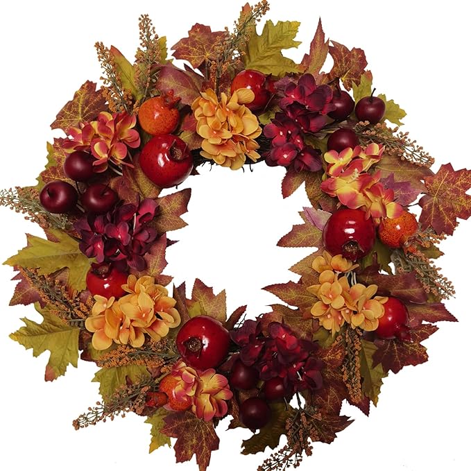 20 Inch Autumn Wreaths for Front Door Fall Wreaths for Thanksgiving & Halloween & Harvest Festival Indoor/Outdoor Fall Decorations with Apples Pomegranates Maple Leaves