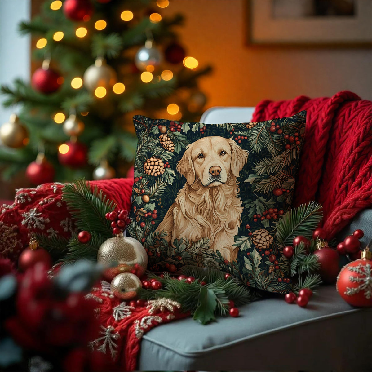 BUJSP Vintage Golden Retriever Christmas Decor Pillow Cover 18x18,Rustic Christmas William Morris Inspired Dog Animal Floral Print Botanical Decorative Throw Pillow Covers for Home Bedroom Living Room