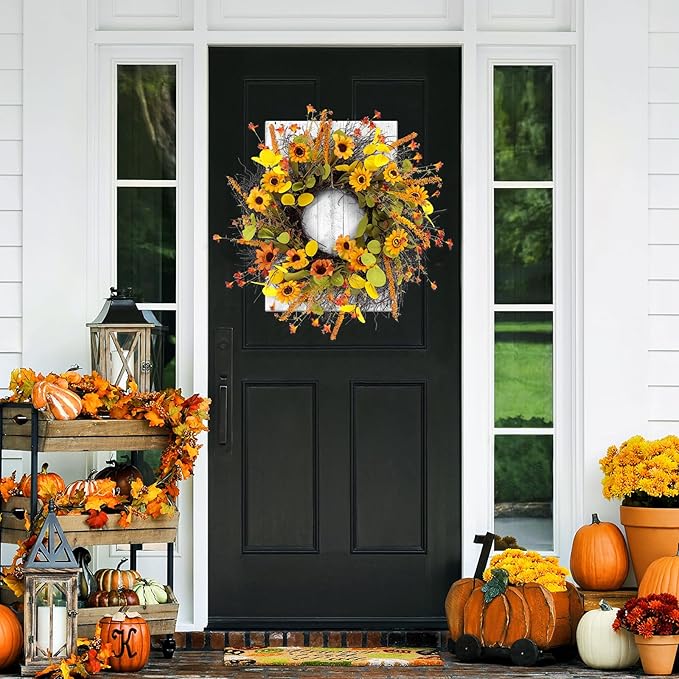 Fall Wreaths for Front Door 20 Inch Rustic Artificial Wreath Sunflower Maple Leaf Rice Ears Autumn Decoration for Halloween Thanksgiving Christmas