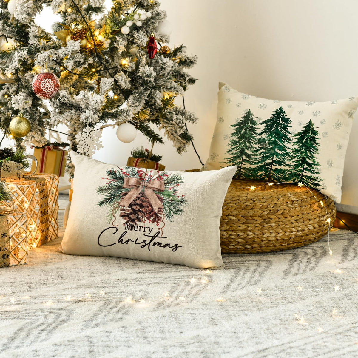 AVOIN colorlife Merry Christmas Trees Reindeer Snowflake Throw Pillow Covers, 12 x 20 Inch Xmas Red Berries Hello Winter Holiday Cushion Case Decoration for Sofa Couch Set of 4