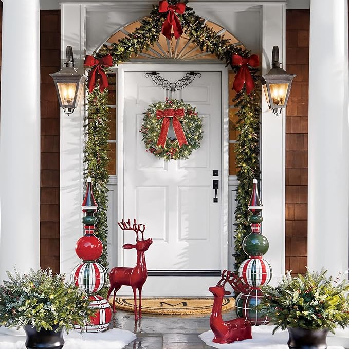 DiliComing 16-Inch Pre-Lit Winter Wreath - Large Christmas Door Wreath, Front Door & Window Decorations