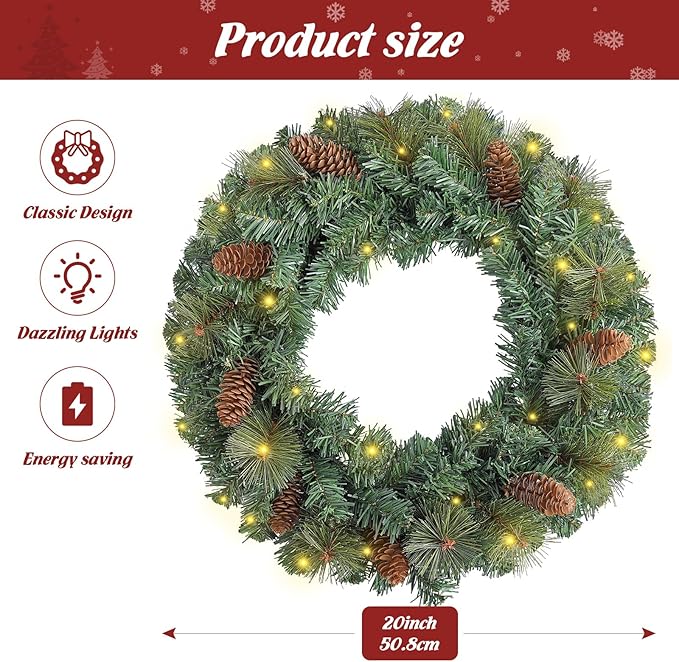 FR Artificial Pre-Lit Fir Christmas Wreath Holiday Accent Decoration, Wintry Pine, Decorated with Pine Cones, with LED Lights Battery Operated for Door, Mantel - 20 Inch