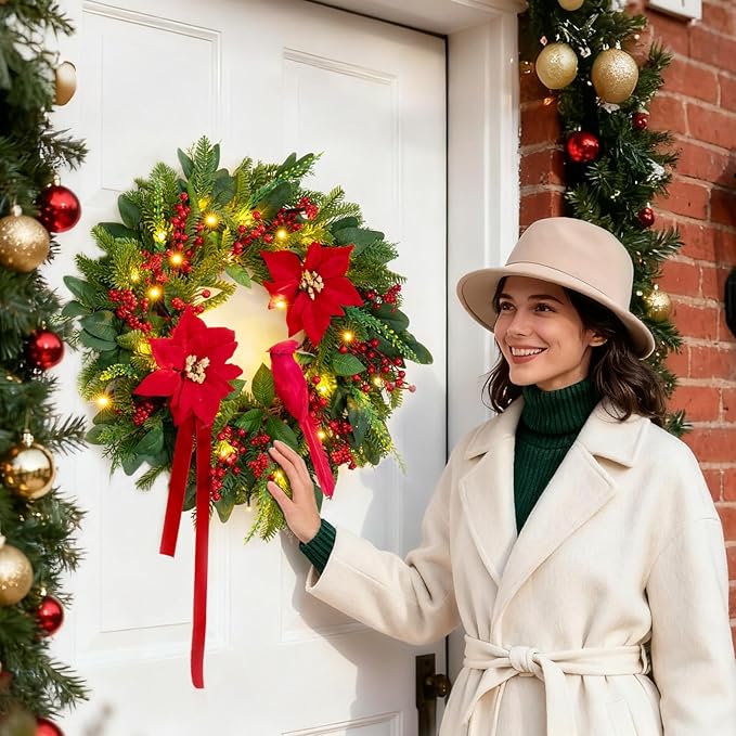 Pre-Lit Christmas Wreaths for Front Door 24 Inch Christmas Wreath with Lights,Large Winter Wreath with Cardinal Birds,Poinsettia,Green Evergreen Pine Needles Red Berries Holiday Wreath Decor