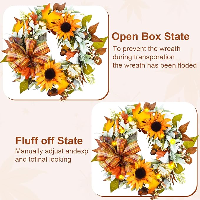Fall Wreaths for Front Door,Sunflower Autumn Wreath with Lights,Pumpkins and Bows,for Thanksgiving Halloween Farmhouse Indoor Outdoor Outside (Yellow Sunflower)