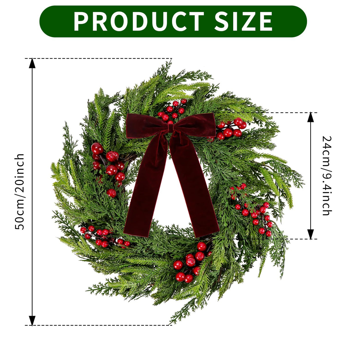 50cm Realistic Norfolk Pine Wreath with Velvet Bow Christmas Faux Cedar Wreaths with Red Berries for Front Door Mantel Window Wall Holiday Winter Indoor Outdoor Home Decoration (Red Berry)