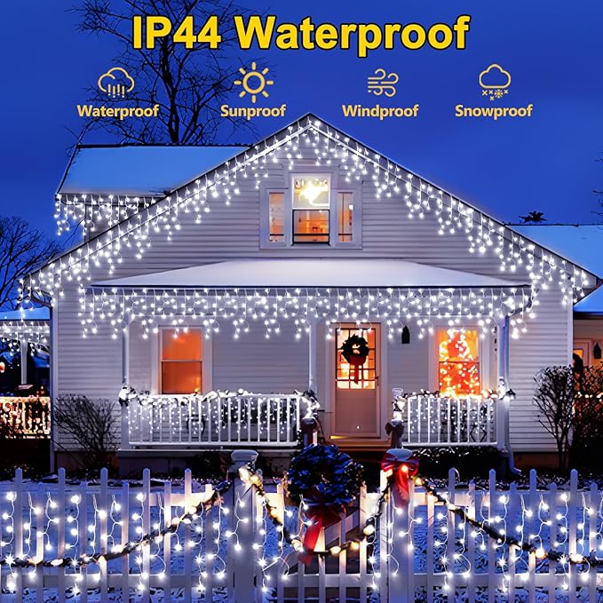 164FT 1600 LED Christmas Lights Outdoor Decorations with 320 Drops Timer 8Mode Curtain String Lights Waterproof Plug in Fairy Lights for Indoor,Xmas,Party,Patio,Window,Fence,Trees Decor(Cold White)