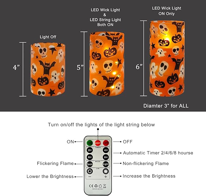 Flickering Flameless Candles Halloween Pumpkin Ghost Print, Embedded Star String Lights, Battery Operated Acrylic LED Pillar Candles with 11-Key Remote and Timer for Home Decoration, 3 Pack