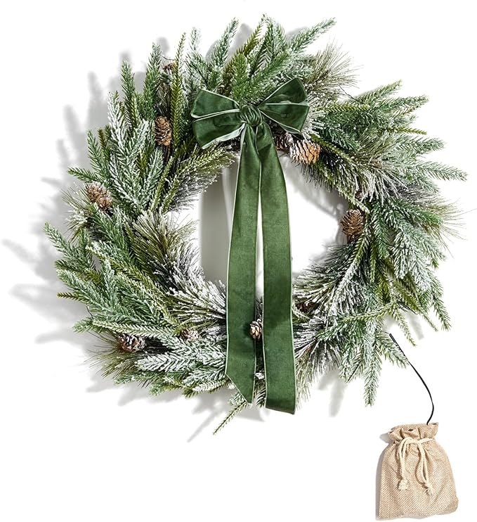 LampLust Cypress Christmas Wreath with Lights, 22 Inch Wreath with 100 Battery Operated LED Lights and Velvet Bow, Winter Wreaths for Front Door Christmas Decorations Holiday Decor