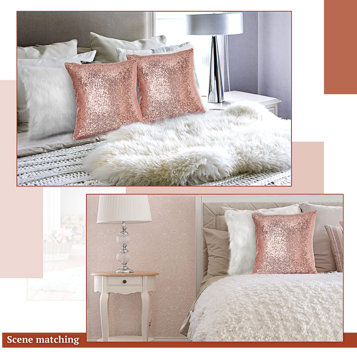 Irenare 4 Pcs Sequin and Fluffy Pillow Covers Winter Throw Pillow Cases Soft Cushion Cover for Couch Bed Sofa Xmas Day (White, Rose Gold,18 x 18 Inch)