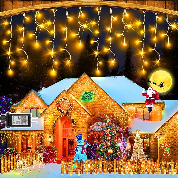 50FT 480 LED Christmas Lights Outdoor Decorations with 90 Drops Timer 8Mode Curtain String Lights Waterproof Plug in Fairy Lights for Indoor,Xmas,Party,Patio,Window,Fence,Trees Decor(Warm White)