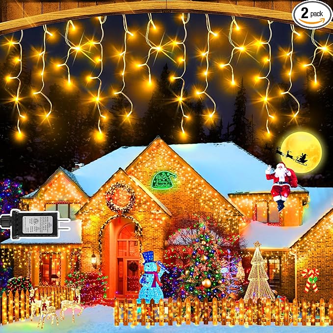 SAUIRS 2Pack 320 LED Christmas Lights Outdoor Decorations with 120 Drops Timer 8Mode 66FT Curtaing Lights Waterproof Plug in Fairy Lights for Indoor,Xmas,Party,Patio,Window,Trees Decor(Warm White)