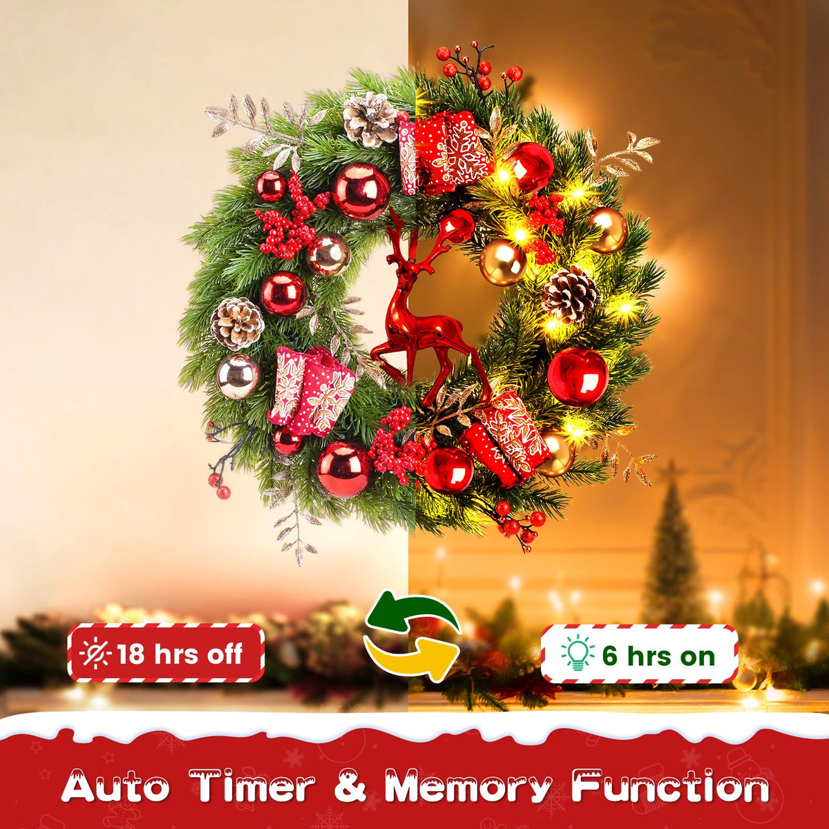 Quntis Lighted Christmas Wreath Front Door - 16'' Reindeer Winter Wreath with 8 Modes Timer, Red Gold Balls, Snowflakes, Pine Cones, Berries for Indoor Outdoor Holiday Windows Fireplace Mantel Porch