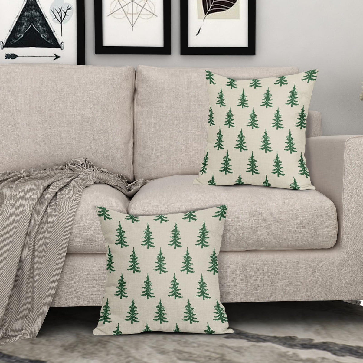 Christmas Tree Pillow Covers 18x18 Set of 2 Green Xmas Rustic Style Winter Print Decorative Outdoor Pillowcases Farmhouse Vintage Holiday Decorations Throw Cushion Case Decor for Couch Sofa Bed