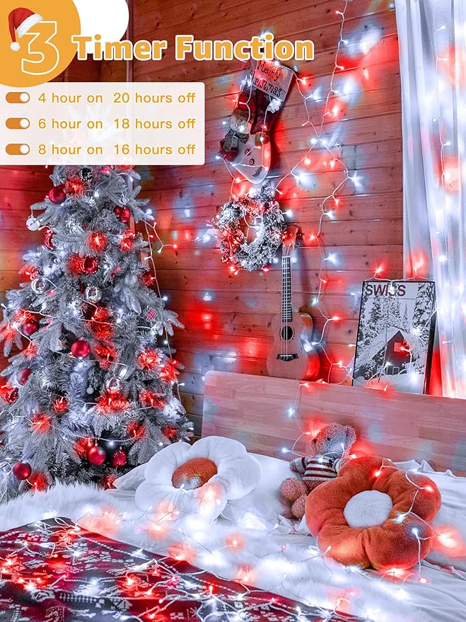 Christmas Lights 600 LED 98FT, Waterproof Outdoor String Lights with Remote and Timer, 8 Modes Dimmable Fairy Lights for Indoor Outdoor Wedding Party Holiday Decorations (Red and White)