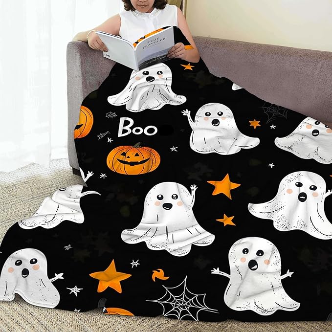 Throw Blanket, Halloween Blanket Cartoon Ghost Pumpkin Throw Blankets for Bed Kids Adults, Lightweight Cozy Blanket for Living Room, Bedroom 50"x60"
