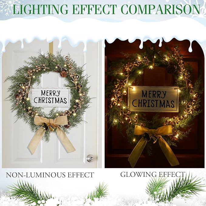 Lighted Christmas Artificial Cedar Wreath for Front Door with Hanger Christmas Wreaths Faux Norfolk with Velvet Bow LED Lights Jingle Bells Pinecone Berries Indoor Window Xmas Holiday Decor(Gold)