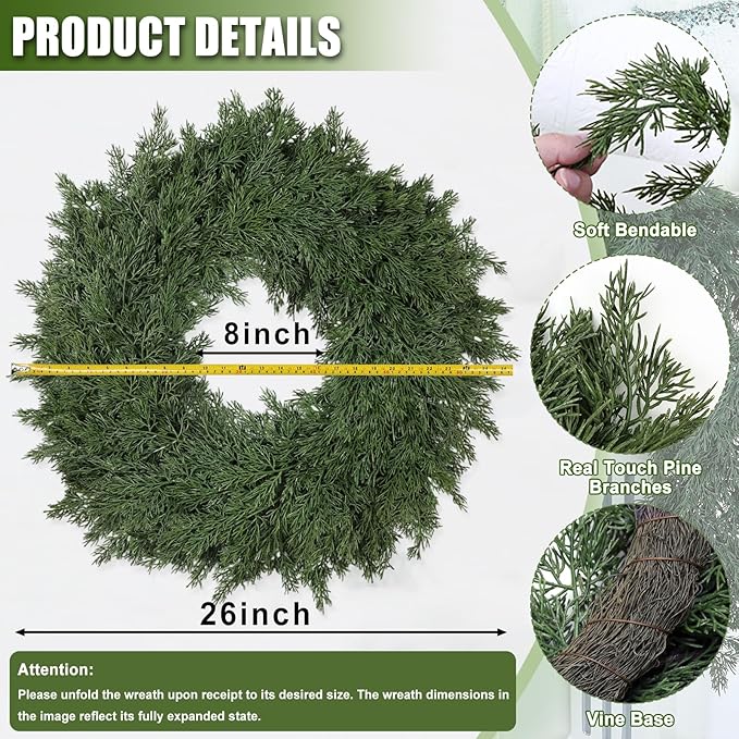 26" Real Touch Christmas Cedar Wreath, Christmas Wreaths for Front Door, Realistic Pine Wreath, Large Green Cypress Wreaths for Home Fireplace Wall Window Porch Outdoor Xmas Holiday Decor