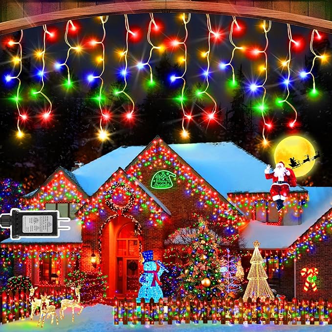 50FT 480 LED Christmas Lights Outdoor Decorations with 90 Drops Timer 8Mode Curtain String Lights Waterproof Plug in Fairy Lights for Indoor,Xmas,Party,Patio,Window,Fence,Trees Decor(Multicolor)