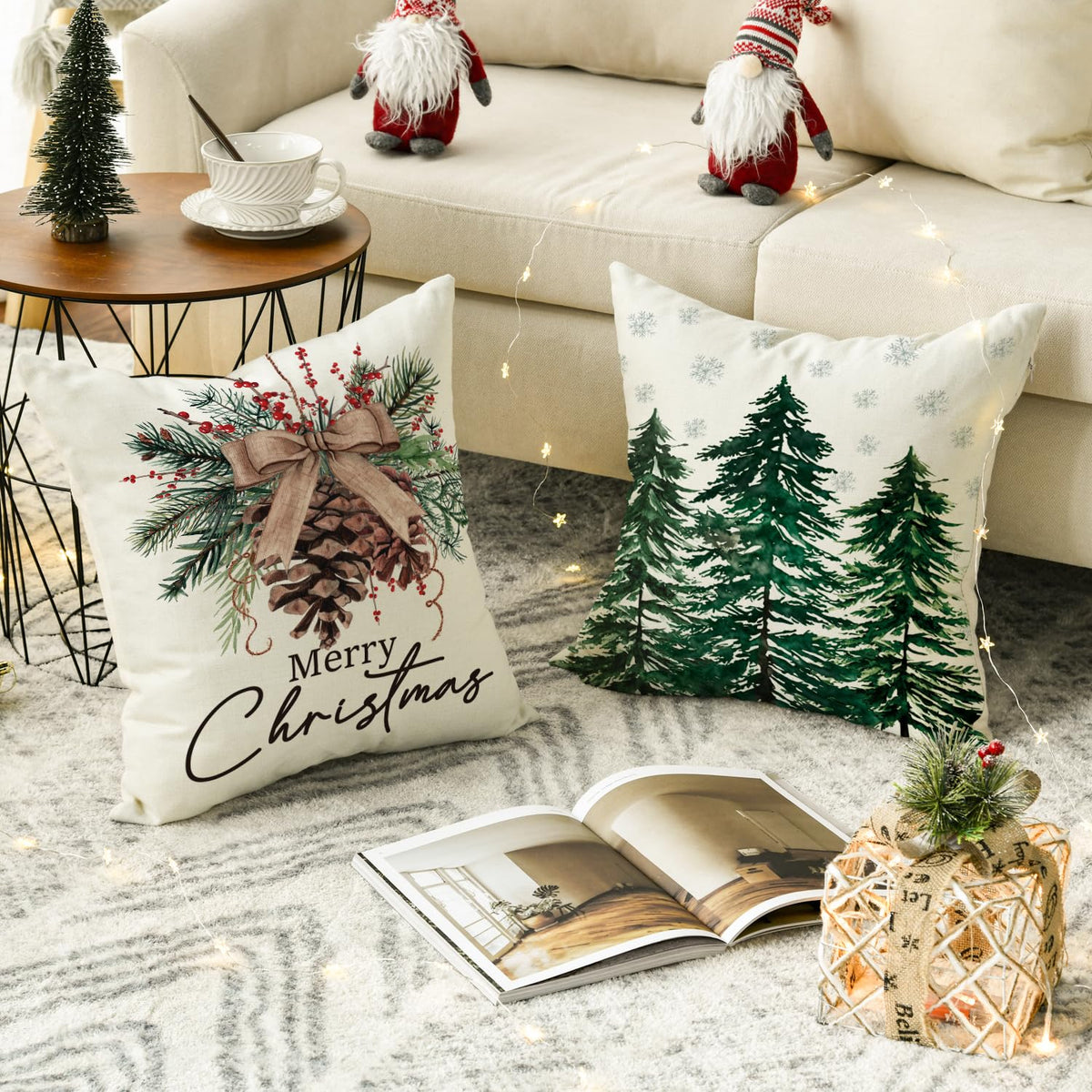 AVOIN colorlife Merry Christmas Trees Reindeer Snowflake Throw Pillow Covers, 18 x 18 Inch Xmas Red Berries Hello Winter Holiday Cushion Case Decoration for Sofa Couch Set of 4