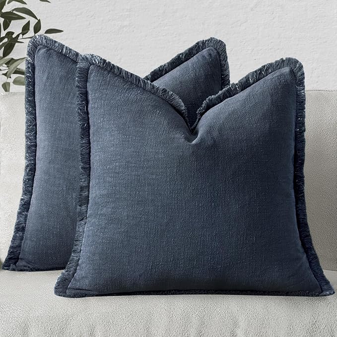 MIULEE Christmas Decorative Throw Pillow Covers Neutral Linen Fringe Throw Pillows Set of 2 Indigo Blue Boho Farmhouse Cushion Covers Coastal Decor for Couch Sofa Bed Living Room Decor 24x24 Inch