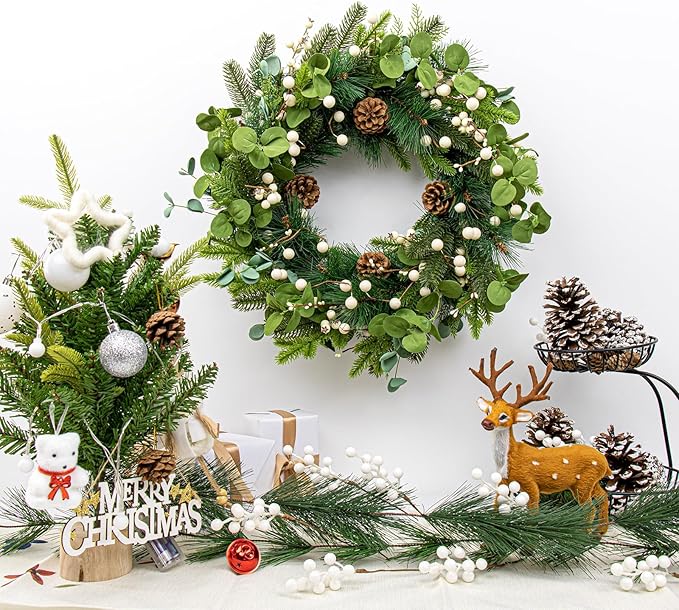 20 Inches Vintage Christmas Wreath Classic Christmas Wreaths for Front Door Rustic Holiday Winter Wreath with White Berry Pine Cones for Doors Windows Indoors Outside Hanging Decoration