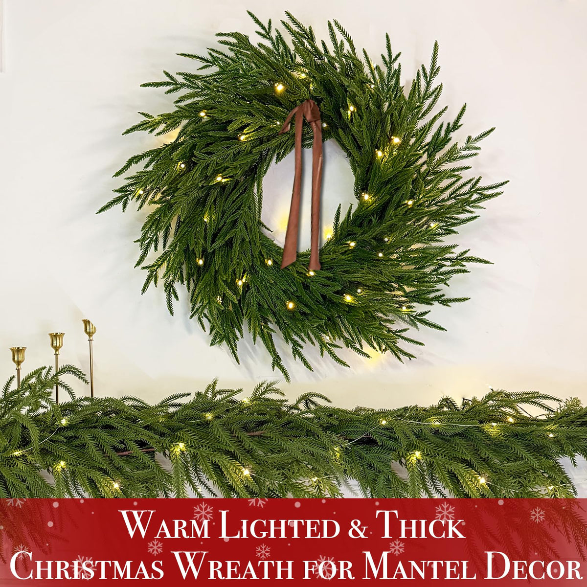 24" Lighted Norfolk Pine Wreath, Thick and Soft, Timer and 8 Modes, Artificial Christmas Wreaths for Front Door 50 LED 70 Pine Branches Christmas Door Wreath for Wall Window Indoor Outdoor Home Decor