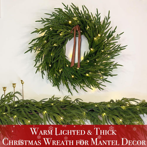 24" Lighted Norfolk Pine Wreath, Thick and Soft, Timer and 8 Modes, Artificial Christmas Wreaths for Front Door 50 LED 70 Pine Branches Christmas Door Wreath for Wall Window Indoor Outdoor Home Decor