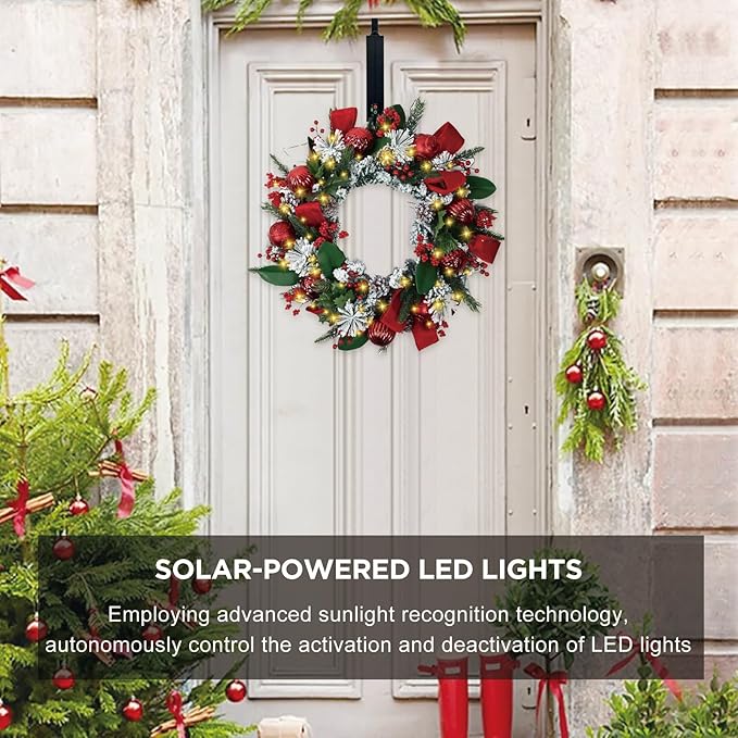 Solar Christmas Wreath 28 Inch Pre-Lit Solar 50 Led Artificial Wreath Outdoor Front Door Window Christmas Decorations with Frosted Branches Pine Cones Red Velvet Bows Balls (2809)