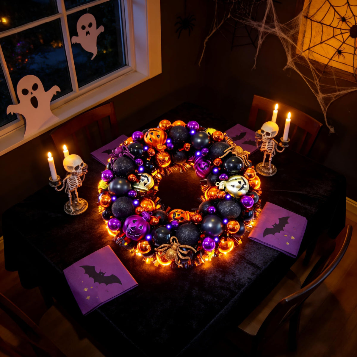 HipTree 13.8 Inch Halloween Ball Wreath for Front Door with Lights, Lighted Cute Treat-or-Trick Door Wreath Ball Ornament for Halloween Indoor Decorations Centerpiece Party Holiday Wall Home Decor