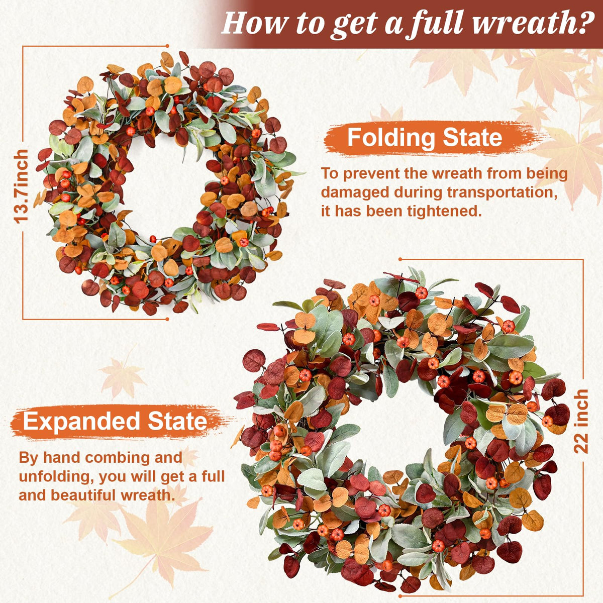 Waipfaru Fall Decor, 22 Inch Fall Wreaths for Front Door, Autumn Door Wreath with Lambs Ears Leave Eucalyptus Leaves Pumpkin Thanksgiving Harvest Halloween Farmhouse Home Outdoor Porch Indoor Decor