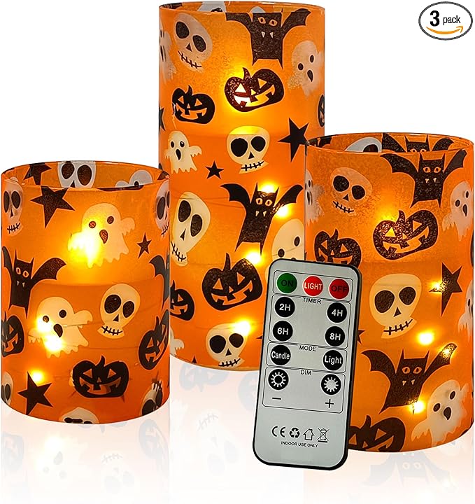 Flickering Flameless Candles Halloween Pumpkin Ghost Print, Embedded Star String Lights, Battery Operated Acrylic LED Pillar Candles with 11-Key Remote and Timer for Home Decoration, 3 Pack