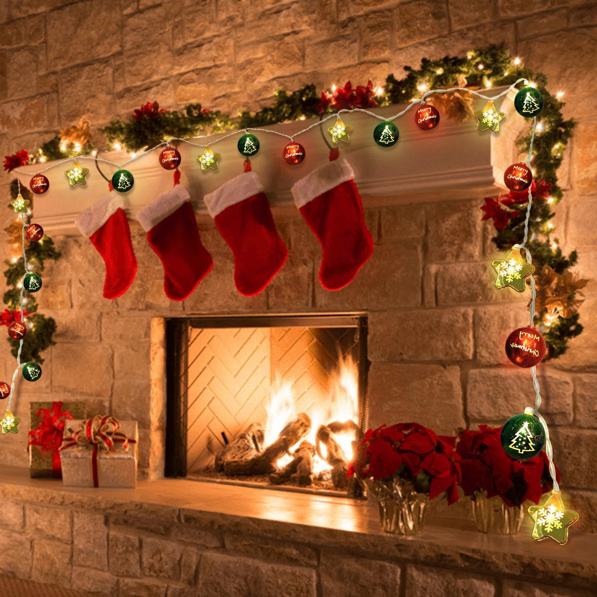 Christmas Decorations Lights, 13.5ft 20 Led Battery Christmas Light with Timer & 8 Modes, Christmas Ball & Star Ornaments Light for Xmas Tree Wreath Window Wall Home Garden Outdoor Indoor Decor