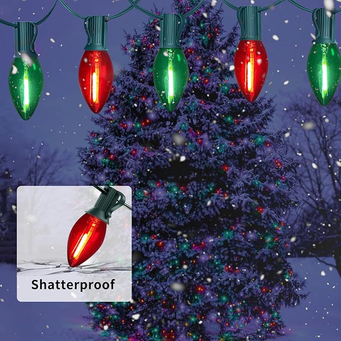 25Ft C9 LED Christmas Lights Outdoor Indoor, Clear Red Green Vintage String Lights, Connectable Dimmable Holiday Decor for Xmas Tree Roofline Patio Backyard Cafe, 25 Bulbs